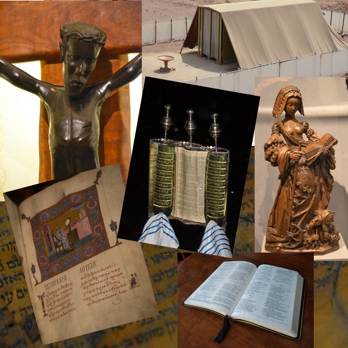 Collage
                                of Tabernacle, saint, torah scroll,
                                Greek manuscript gospel, and floppy
                                Bible